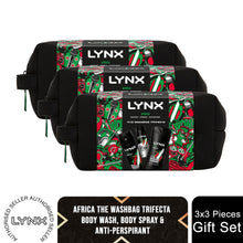 Load image into Gallery viewer, Lynx Africa THE TRIFECTA Bath &amp; Body 3 Pieces Gift Set for Him with Washbag