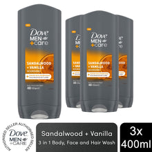 Load image into Gallery viewer, Dove Men+Care 3 in 1 Body, Face &amp; Hair Wash Sandalwood + Vanilla 400ml, 3 Pack