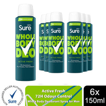 Load image into Gallery viewer, Sure Men Whole Body Deodorant Spray Active Fresh w/ 72H Odour Control 150ml, 6pk