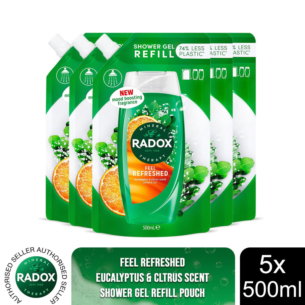 Radox Mineral Therapy Shower Gel Refill Pouch Feel Refreshed 500 ml, 5 Pack