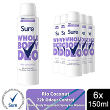 Load image into Gallery viewer, Sure Whole Body Deodorant Cream Rio Coconut with 72Hrs Odour Control 150ml, 6Pk
