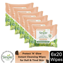 Load image into Gallery viewer, Simple Protect 'N' Glow Instant Cleansing Wipes for Dull &amp; Tired Skin, 3 or 6 Pk