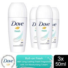 Load image into Gallery viewer, Dove Fresh Roll On AntiPerspirant up to 48H of Sweat &amp; Odour Protection, 3x50ml