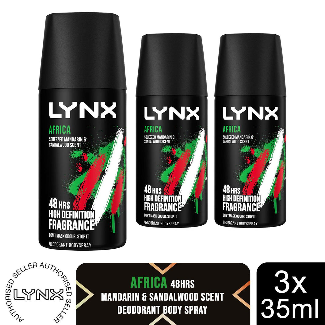 Lynx Body Spray Africa 48H High Definition Fragrance Deodorant for Men 35ml, 3pk