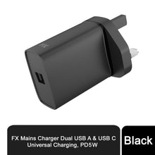 Load image into Gallery viewer, FX Mains Charger USB 1A Compatible with USB Devices, Black
