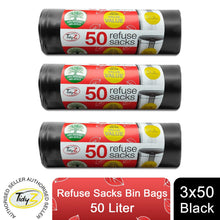 Load image into Gallery viewer, 3 Pack Tidyz Drawstring Refuse Sacks Bin Bags, Black, 50L