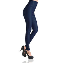 Load image into Gallery viewer, RJM Ladies Faux Leather Wet Look Leggings, High Waist Plum, Navy &amp; Black - NAVY SIZE XS