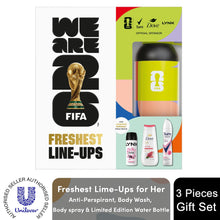 Load image into Gallery viewer, Freshest Line-Ups FIFA Gift Set for Her Body Wash, Spray &amp; Water Bottle