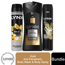 Load image into Gallery viewer, Lynx Gold For Men Bundle of Body spray, Antiperspirant 250ml and Body wash 400ml
