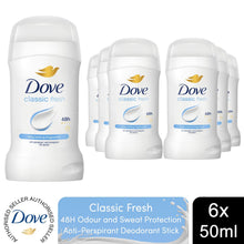 Load image into Gallery viewer, Dove Women Classic Fresh Anti-Perspirant Deo Stick w/ 48H Protection 50ml, 6 Pk