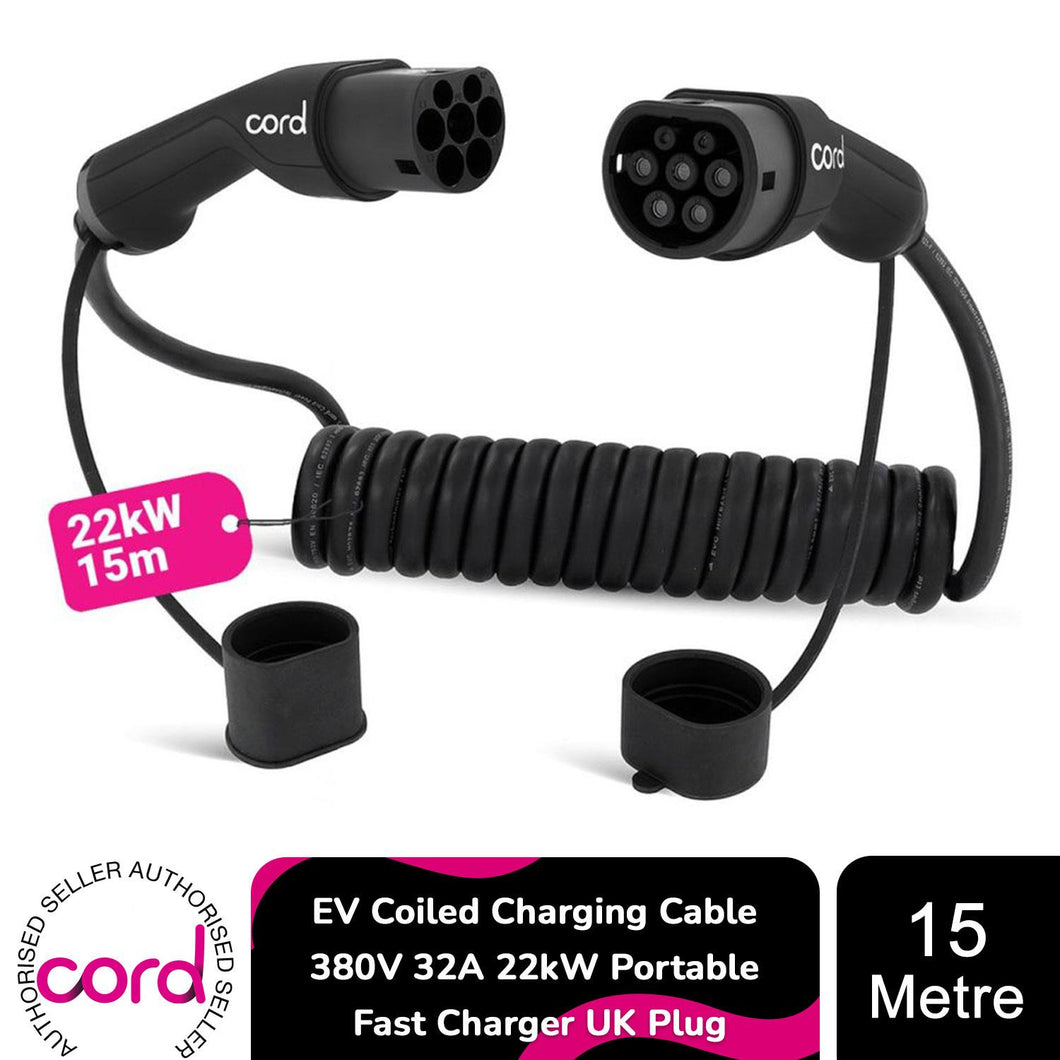 Cord Coiled 15m EV Charging Cable 380V 32A 22kW Portable Fast Charger UK Plug