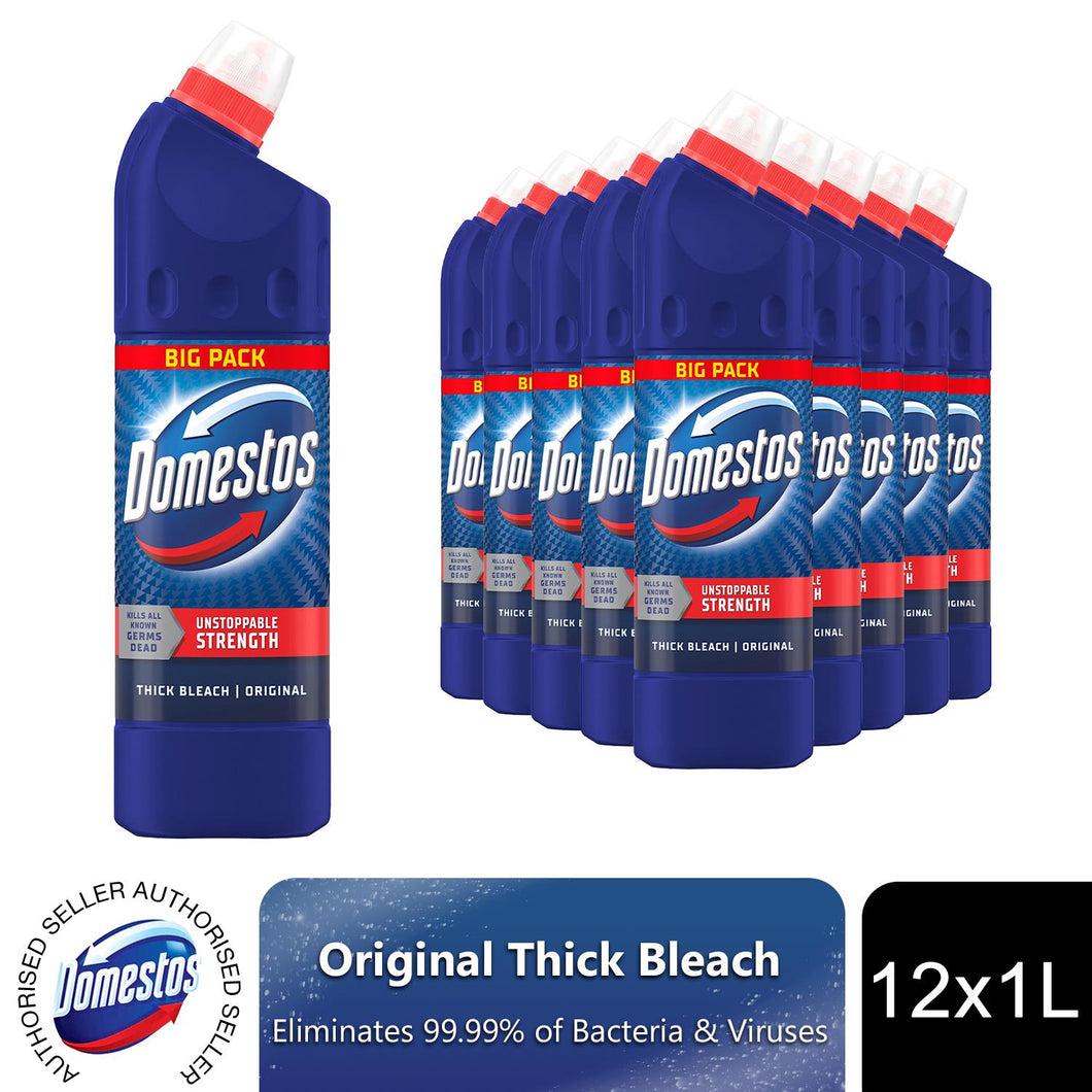 Domestos Thick Original Bleach Powerful Disinfectant Kills 99.9% Germs 1L, 12pk