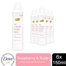 Load image into Gallery viewer, Dove Whole Body Odour Protection Deodorant Spray Raspberry &amp; Rose 150ml, 6 Pack