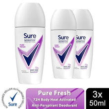 Load image into Gallery viewer, 3x Sure Women Motion Sense AP Deodorant Rollon 72H Nonstop, Pure Fresh - 50ml