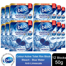 Load image into Gallery viewer, Bloo Colour Active Anti-Limescale Odour Stop Bleach Toilet Rim Block, 50g 12 Pk