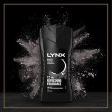 Load image into Gallery viewer, 12pk of 225ml Lynx 12H Refreshing Black Frozen Pear &amp; Cedarwood Scent Body wash