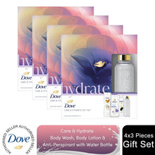 Load image into Gallery viewer, Dove Care &amp; Hydrate Bath &amp; Body 3 Pieces Gift Set for Her with Water Bottle