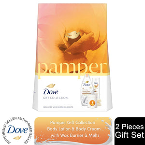 Dove Pamper Body Wash & Body Lotion 2Pcs Gift Set for Her w/ Wax Burner & Melts