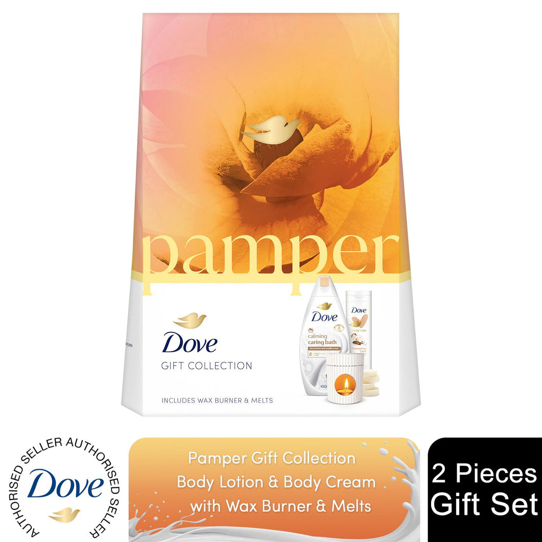 Dove Pamper Body Wash & Body Lotion 2Pcs Gift Set for Her w/ Wax Burner & Melts