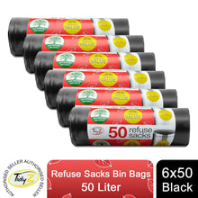 Load image into Gallery viewer, 6 Pack Tidyz Drawstring Refuse Sacks Bin Bags, Black, 50L