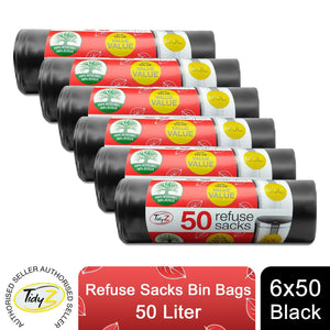 6 Pack Tidyz Drawstring Refuse Sacks Bin Bags, Black, 50L