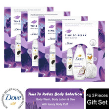 Load image into Gallery viewer, Dove Time to Relax Body Wash, Lotion Deo 3pcs Gift Set for Her with Shower Puff