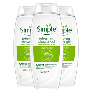 Simple Kind to Skin Refreshing Shower Gel with Gentle Formulation 450ml, 3 Pack