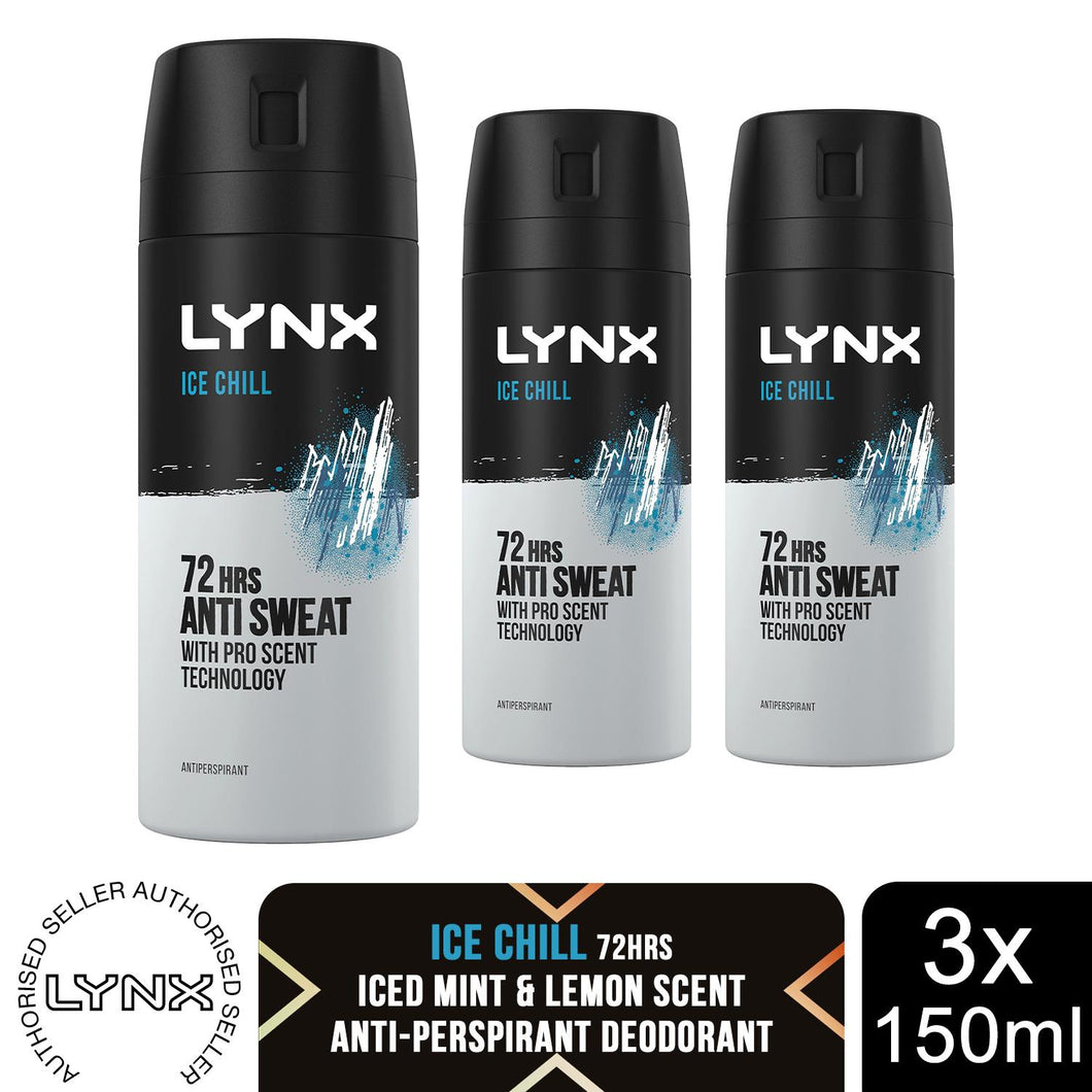 Lynx Ice Chill Anti-Perspirant Aerosol Deodorant Spray 72H Protection 150ml, 3pk