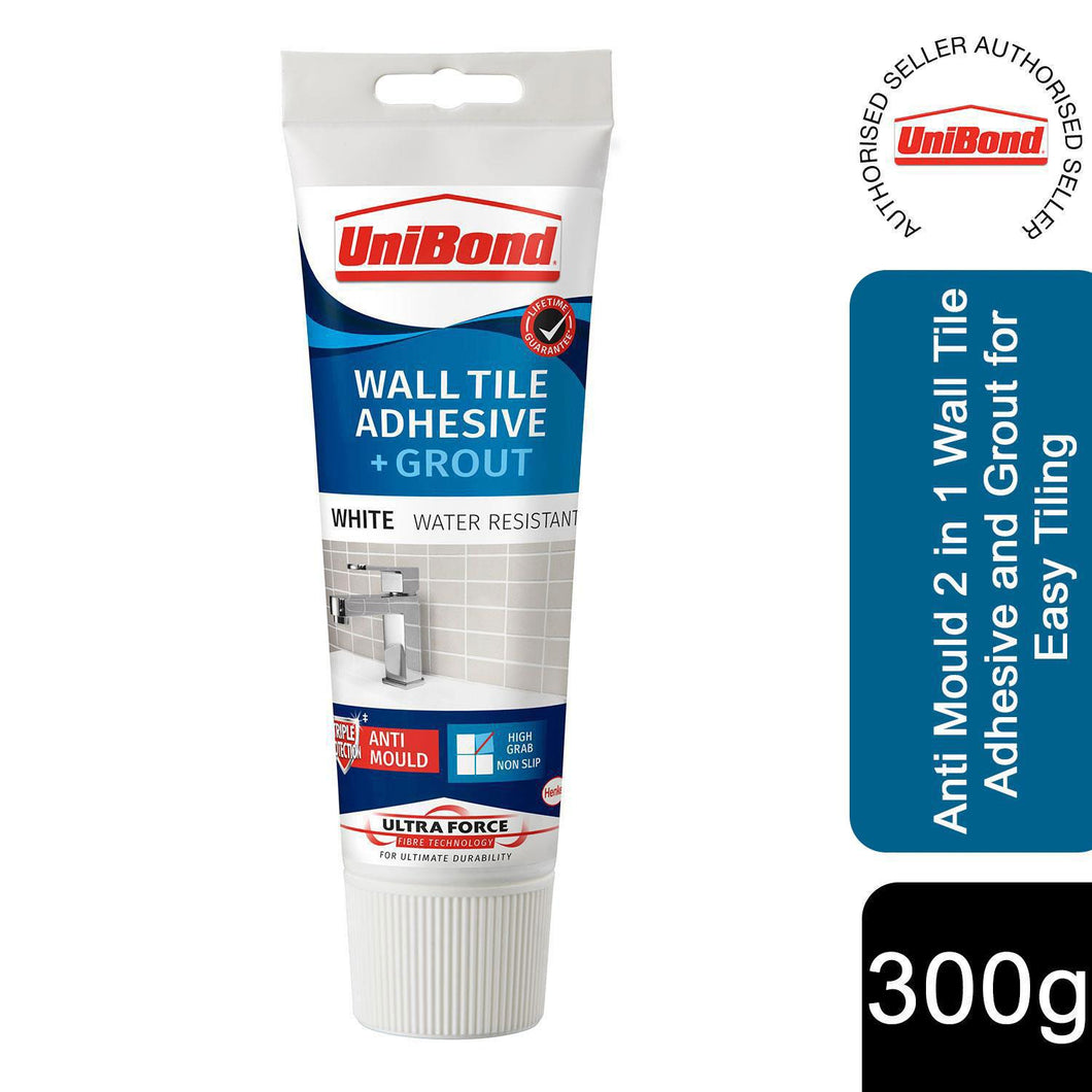UniBond Anti Mould 2 in 1 Wall Tile Adhesive and Grout for Easy Tiling, 300 g