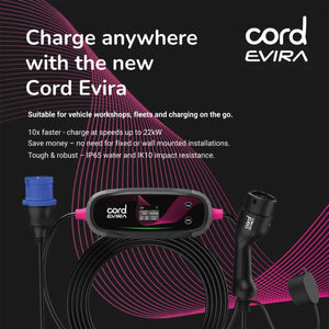 Cord EVIRA Professional 10m Portable EV Charger 2.3kW to 22kW w/ UK adaptor kit