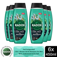 Load image into Gallery viewer, 6x Radox Mineral Therapy Feel Invigorated Shower Gel &amp; Shampoo for Men, 450ml