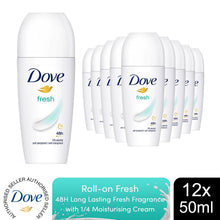 Load image into Gallery viewer, Dove Fresh Roll On AntiPerspirant up to 48H of Sweat &amp; Odour Protection, 12x50ml