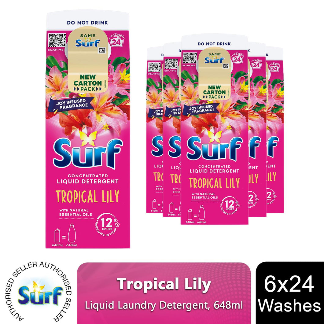 Surf Liquid Detergent Tropical Lily 24 Washes Deep Fabric Clean 648ml, 6pk
