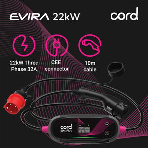 Cord EVIRA Professional 10m Portable EV Charger 22kW Fast Charging Cable UK Plug