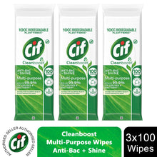 Load image into Gallery viewer, Cif Cleanboost Antibacterial Wipes Multi-Purpose Anti-Bac &amp; Shine, 3 Pack of 100 Wipes