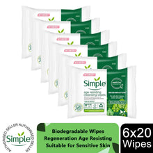Load image into Gallery viewer, Simple Cleansing Face Wipes Age-Resisting Green Tea Sensitive 6x20 Pack