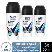 Load image into Gallery viewer, 3x Sure Women Motion Sense AP Deodorant Rollon 72H Nonstop, Invisible Aqua 50ml
