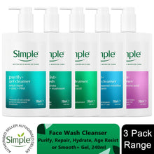 Load image into Gallery viewer, 3x Simple Facial Cleanser Purify, Repair, Hydrate, Age Resist, Smooth+ Gel,240ml