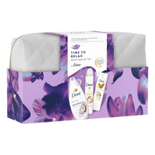 Load image into Gallery viewer, Dove Time To Relax Bath &amp; Body 3 Pcs Gift Set for Her with Beauty Bag