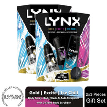 Load image into Gallery viewer, Lynx Gold, Excite &amp; Ice Chill Bath &amp; Body 3Pcs Gift Set for Him w/ Body Scrubber