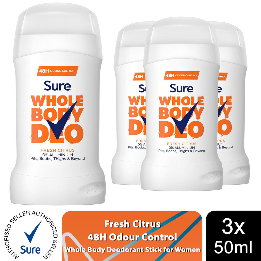 Sure Women Whole Body Deodorant Stick Fresh Citrus Aluminium Free 50ml, 3 Pack