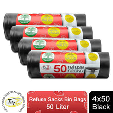 Load image into Gallery viewer, Tidyz Drawstring Refuse Sacks Bin Bags, Black 50L, 4 pack