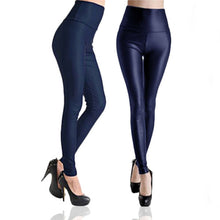 Load image into Gallery viewer, RJM Ladies Faux Leather Wet Look Leggings, High Waist Plum, Navy &amp; Black - NAVY SIZE XS