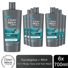 Load image into Gallery viewer, Dove Men+Care 3-in-1 Hair, Face and Body Wash Eucalyptus + Mint 700ml, 6 Pack