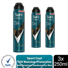 Load image into Gallery viewer, Sure Men Anti-perspirant 72H Nonstop Protection Sport Cool Deodorant, 3x250ml