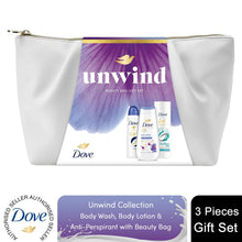 Load image into Gallery viewer, Dove Unwind Beauty Bag Gift Set - Anti-Stress Bodywash, Deodorant &amp; Lotion