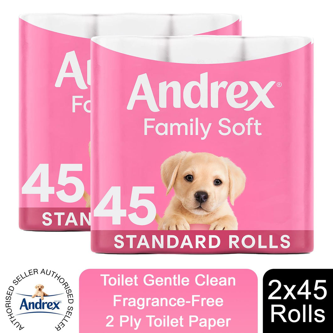 Andrex Gentle Clean Embossed Puppies on Roll 2 Ply Toilet Paper, 45 Or 90 Rolls