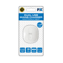 Load image into Gallery viewer, FX Mains Charger Dual USB 2.4 AMP Plug (UK) For Smart Phones &amp; Tablets, White