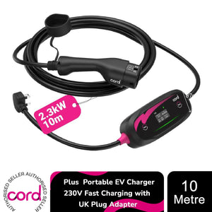 Cord Plus 10m Portable EV Charger 230V Fast Charging with UK Plug Adapter