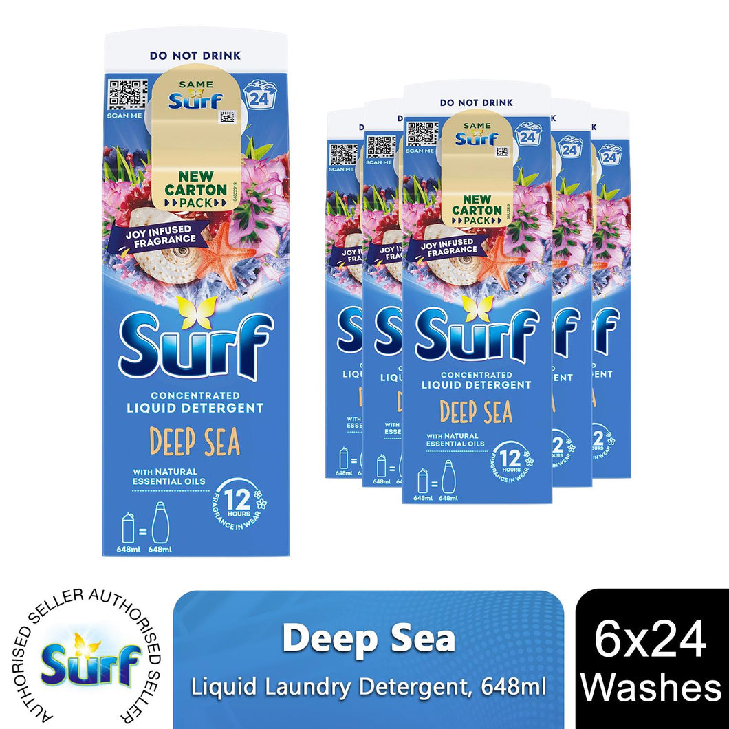 Surf Laundry Liquid Detergent Deep Sea 24 Washes Fabric Stain Removal 648ml, 6pk